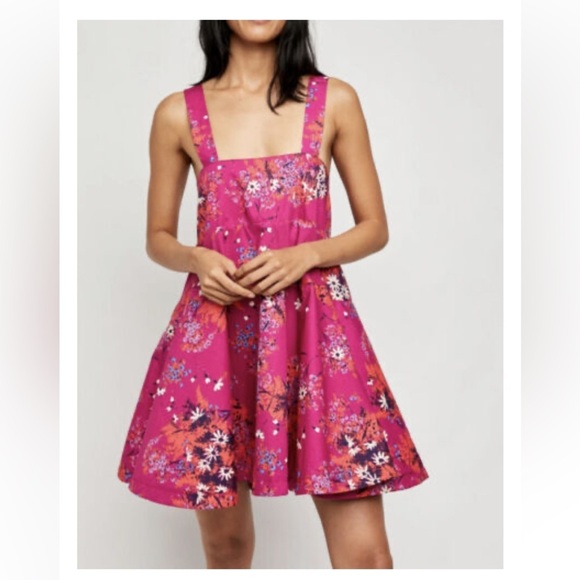 Free People Dresses & Skirts - Free People Let The Sunshine In Printed pink Floral Strap Flare Dress sz XS